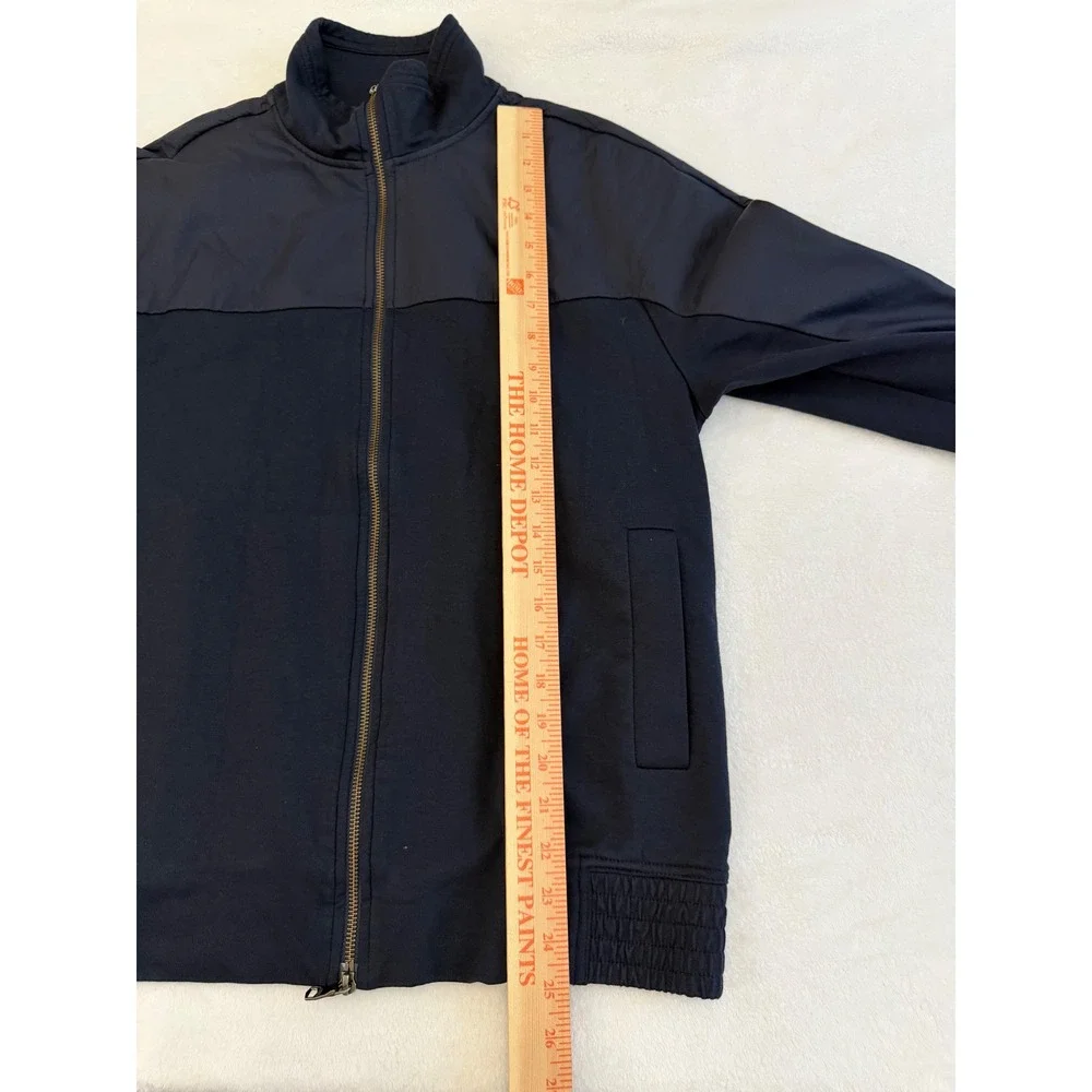 Banana Republic Mens Med Mixed Media Bomber Jacket Navy Blue Full Zip Preppy EUC